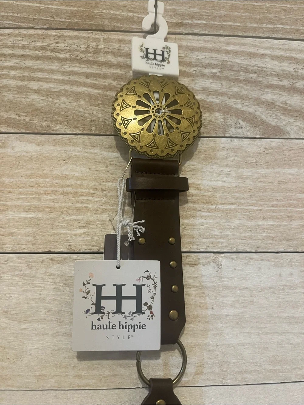 Haute Hippie Dark Brown Leather Belt with Antique Brass Medallion Buckles Size M